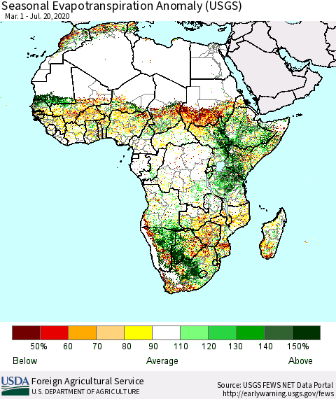 Africa Seasonal Actual Evapotranspiration Anomaly (USGS) Thematic Map For 3/1/2020 - 7/20/2020
