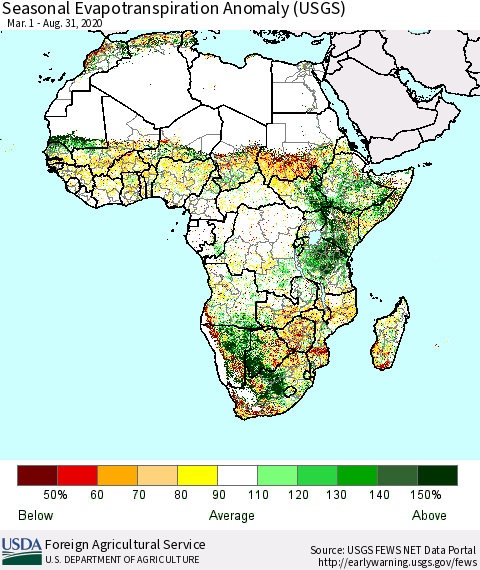 Africa Seasonal Actual Evapotranspiration Anomaly (USGS) Thematic Map For 3/1/2020 - 8/31/2020