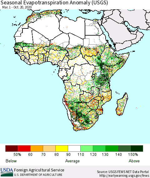 Africa Seasonal Actual Evapotranspiration Anomaly (USGS) Thematic Map For 3/1/2020 - 10/20/2020
