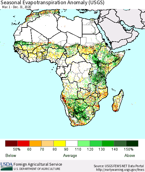 Africa Seasonal Actual Evapotranspiration Anomaly (USGS) Thematic Map For 3/1/2020 - 12/31/2020