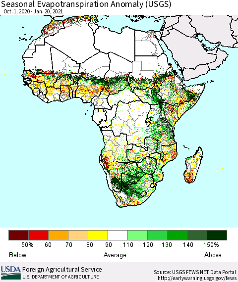 Africa Seasonal Actual Evapotranspiration Anomaly (USGS) Thematic Map For 10/1/2020 - 1/20/2021