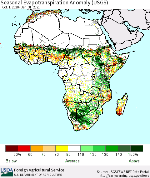 Africa Seasonal Actual Evapotranspiration Anomaly (USGS) Thematic Map For 10/1/2020 - 1/31/2021