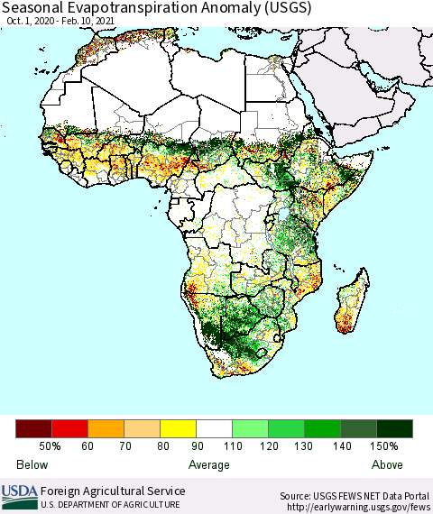 Africa Seasonal Actual Evapotranspiration Anomaly (USGS) Thematic Map For 10/1/2020 - 2/10/2021