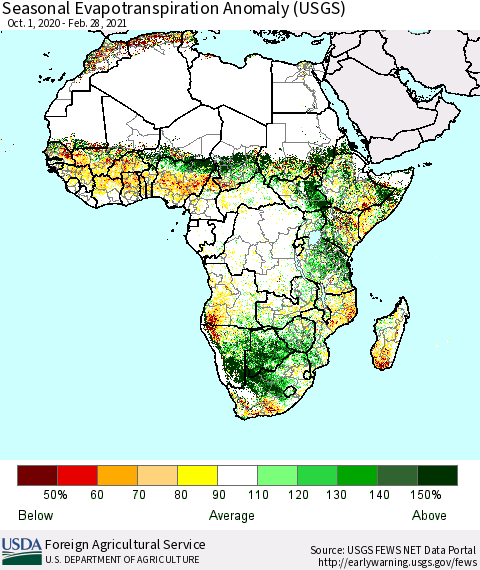 Africa Seasonal Actual Evapotranspiration Anomaly (USGS) Thematic Map For 10/1/2020 - 2/28/2021