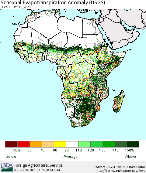 Africa Seasonal Actual Evapotranspiration Anomaly (USGS) Thematic Map For 10/1/2020 - 10/10/2020