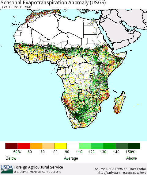 Africa Seasonal Actual Evapotranspiration Anomaly (USGS) Thematic Map For 10/1/2020 - 12/31/2020
