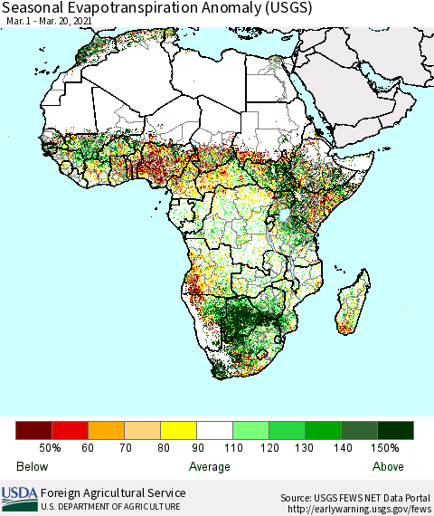 Africa Seasonal Actual Evapotranspiration Anomaly (USGS) Thematic Map For 3/1/2021 - 3/20/2021