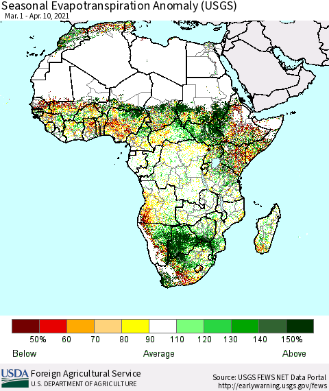 Africa Seasonal Actual Evapotranspiration Anomaly (USGS) Thematic Map For 3/1/2021 - 4/10/2021