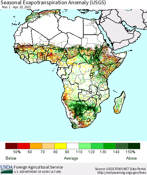 Africa Seasonal Actual Evapotranspiration Anomaly (USGS) Thematic Map For 3/1/2021 - 4/20/2021