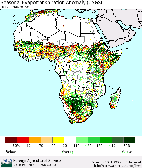 Africa Seasonal Actual Evapotranspiration Anomaly (USGS) Thematic Map For 3/1/2021 - 5/20/2021