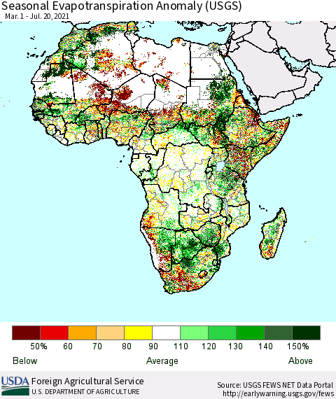 Africa Seasonal Actual Evapotranspiration Anomaly (USGS) Thematic Map For 3/1/2021 - 7/20/2021