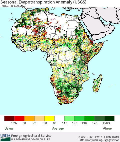 Africa Seasonal Actual Evapotranspiration Anomaly (USGS) Thematic Map For 3/1/2021 - 9/10/2021