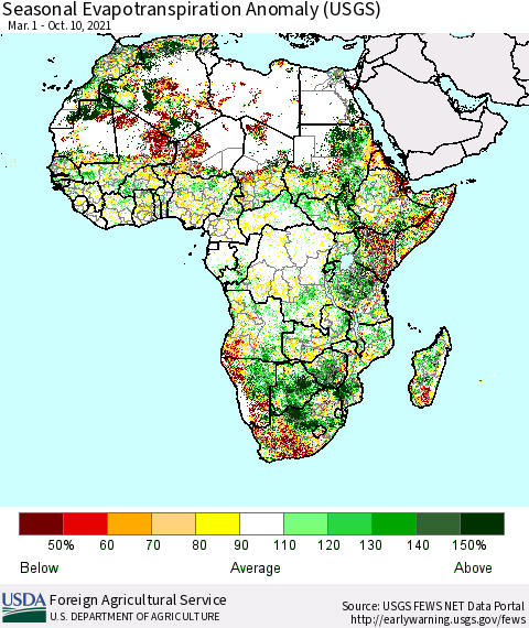 Africa Seasonal Actual Evapotranspiration Anomaly (USGS) Thematic Map For 3/1/2021 - 10/10/2021
