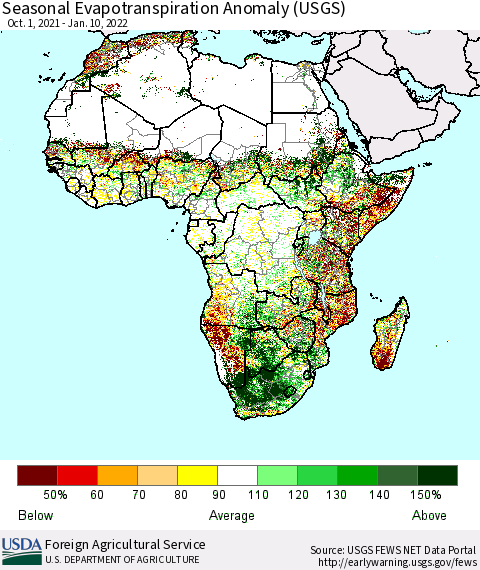 Africa Seasonal Actual Evapotranspiration Anomaly (USGS) Thematic Map For 10/1/2021 - 1/10/2022