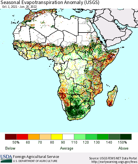 Africa Seasonal Actual Evapotranspiration Anomaly (USGS) Thematic Map For 10/1/2021 - 1/20/2022