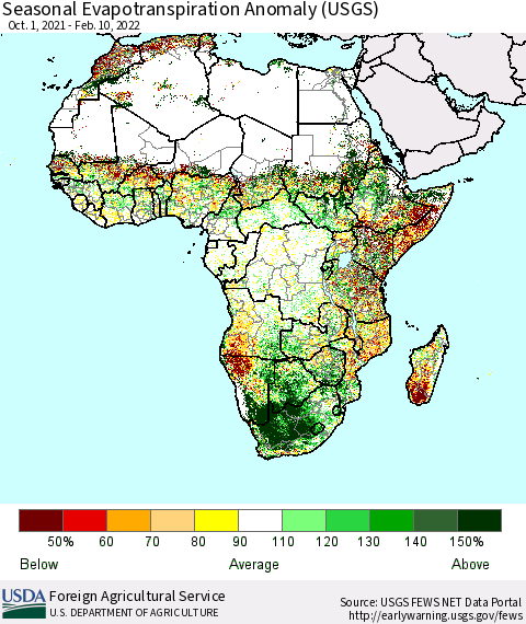 Africa Seasonal Actual Evapotranspiration Anomaly (USGS) Thematic Map For 10/1/2021 - 2/10/2022