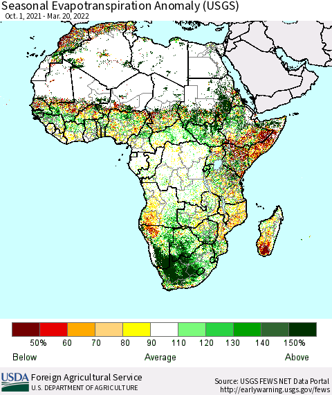 Africa Seasonal Actual Evapotranspiration Anomaly (USGS) Thematic Map For 10/1/2021 - 3/20/2022