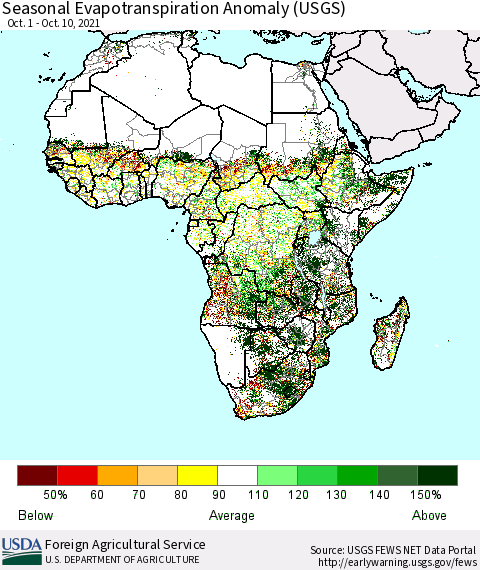 Africa Seasonal Actual Evapotranspiration Anomaly (USGS) Thematic Map For 10/1/2021 - 10/10/2021