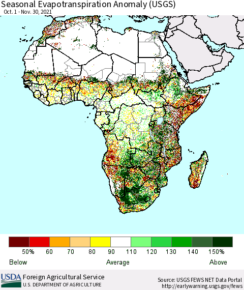 Africa Seasonal Actual Evapotranspiration Anomaly (USGS) Thematic Map For 10/1/2021 - 11/30/2021