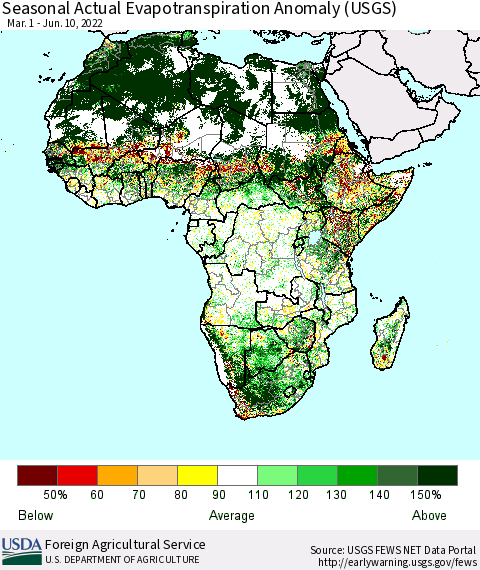 Africa Seasonal Actual Evapotranspiration Anomaly (USGS) Thematic Map For 3/1/2022 - 6/10/2022