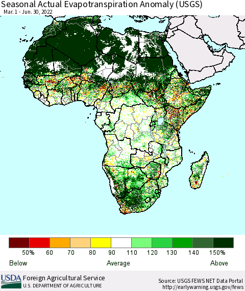 Africa Seasonal Actual Evapotranspiration Anomaly (USGS) Thematic Map For 3/1/2022 - 6/30/2022