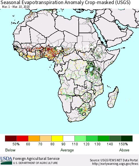 Africa Seasonal Actual Evapotranspiration Anomaly over Croplands (USGS) Thematic Map For 3/1/2020 - 3/10/2020