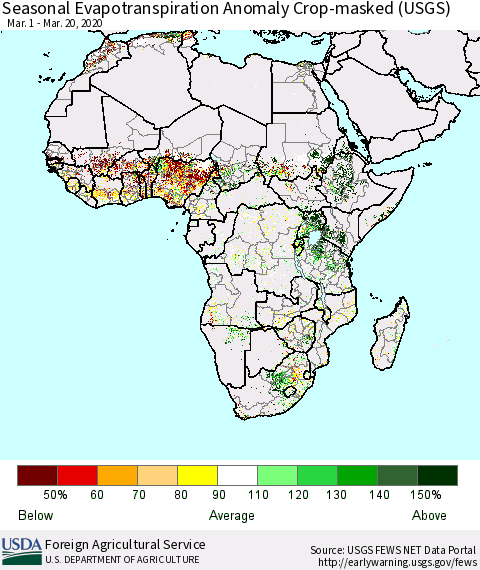 Africa Seasonal Actual Evapotranspiration Anomaly over Croplands (USGS) Thematic Map For 3/1/2020 - 3/20/2020