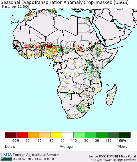 Africa Seasonal Actual Evapotranspiration Anomaly over Croplands (USGS) Thematic Map For 3/1/2020 - 4/10/2020