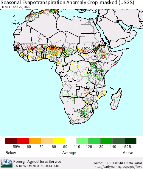 Africa Seasonal Actual Evapotranspiration Anomaly over Croplands (USGS) Thematic Map For 3/1/2020 - 4/20/2020
