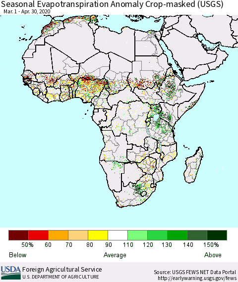 Africa Seasonal Actual Evapotranspiration Anomaly over Croplands (USGS) Thematic Map For 3/1/2020 - 4/30/2020