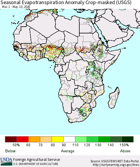 Africa Seasonal Actual Evapotranspiration Anomaly over Croplands (USGS) Thematic Map For 3/1/2020 - 5/10/2020