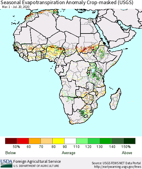 Africa Seasonal Actual Evapotranspiration Anomaly over Croplands (USGS) Thematic Map For 3/1/2020 - 7/20/2020
