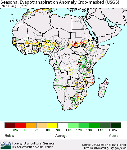 Africa Seasonal Actual Evapotranspiration Anomaly over Croplands (USGS) Thematic Map For 3/1/2020 - 8/10/2020