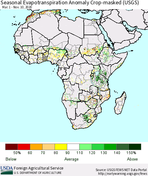 Africa Seasonal Actual Evapotranspiration Anomaly over Croplands (USGS) Thematic Map For 3/1/2020 - 11/10/2020