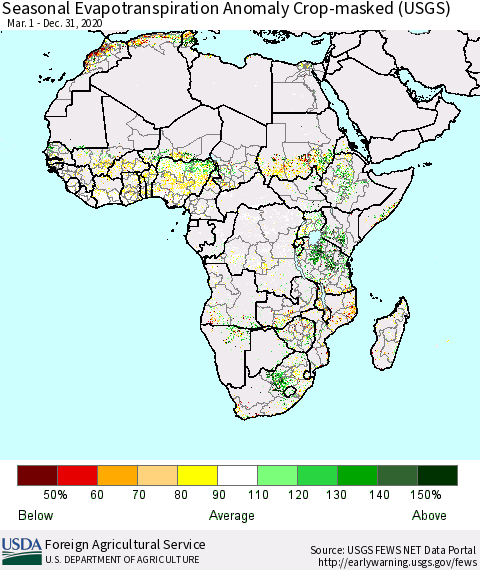 Africa Seasonal Actual Evapotranspiration Anomaly over Croplands (USGS) Thematic Map For 3/1/2020 - 12/31/2020