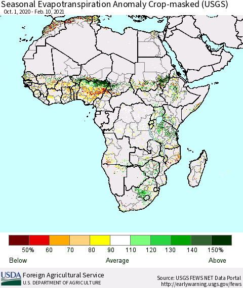 Africa Seasonal Actual Evapotranspiration Anomaly over Croplands (USGS) Thematic Map For 10/1/2020 - 2/10/2021