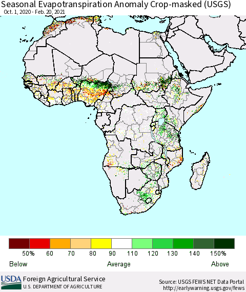 Africa Seasonal Actual Evapotranspiration Anomaly over Croplands (USGS) Thematic Map For 10/1/2020 - 2/20/2021