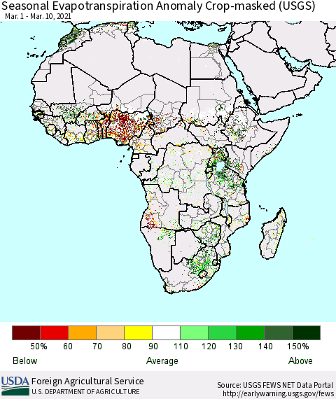 Africa Seasonal Actual Evapotranspiration Anomaly over Croplands (USGS) Thematic Map For 3/1/2021 - 3/10/2021