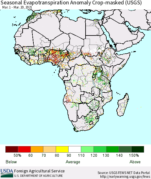 Africa Seasonal Actual Evapotranspiration Anomaly over Croplands (USGS) Thematic Map For 3/1/2021 - 3/20/2021