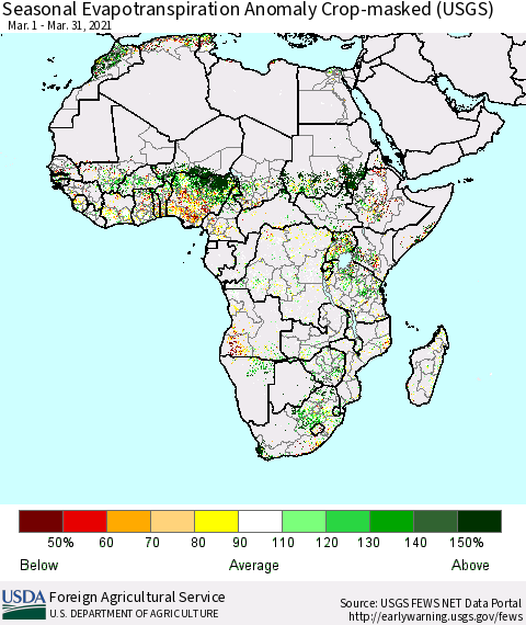 Africa Seasonal Actual Evapotranspiration Anomaly over Croplands (USGS) Thematic Map For 3/1/2021 - 3/31/2021
