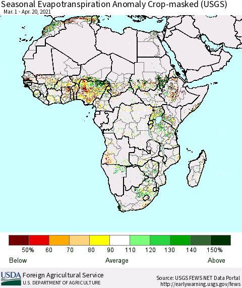 Africa Seasonal Actual Evapotranspiration Anomaly over Croplands (USGS) Thematic Map For 3/1/2021 - 4/20/2021