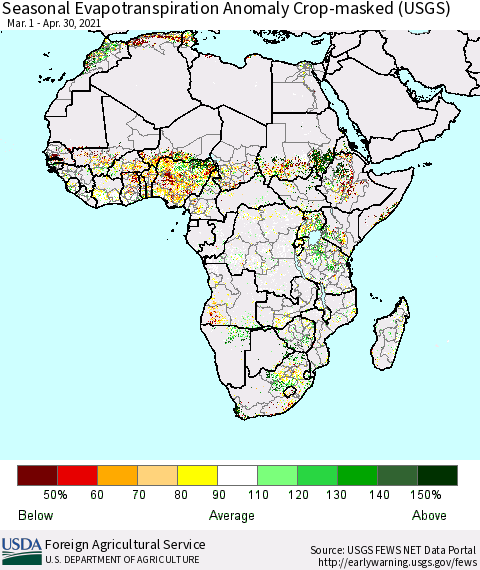 Africa Seasonal Actual Evapotranspiration Anomaly over Croplands (USGS) Thematic Map For 3/1/2021 - 4/30/2021