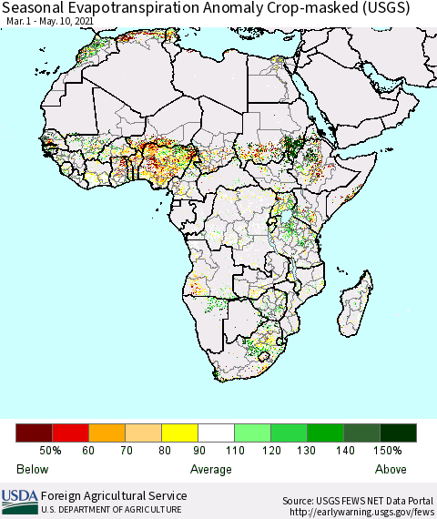 Africa Seasonal Actual Evapotranspiration Anomaly over Croplands (USGS) Thematic Map For 3/1/2021 - 5/10/2021