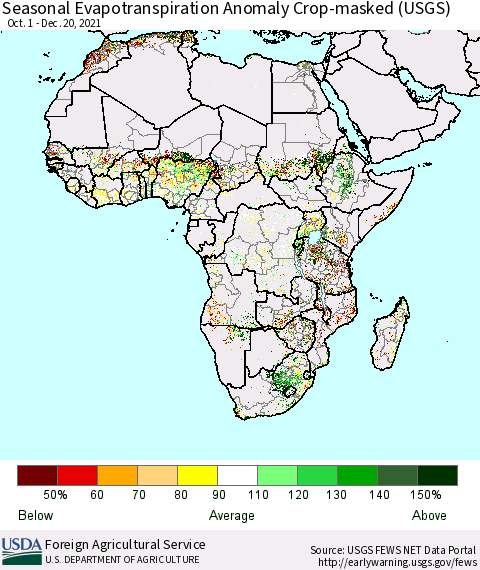 Africa Seasonal Actual Evapotranspiration Anomaly over Croplands (USGS) Thematic Map For 10/1/2021 - 12/20/2021