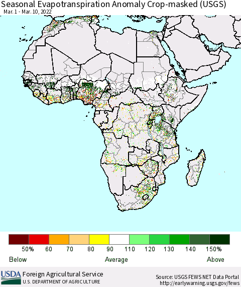 Africa Seasonal Actual Evapotranspiration Anomaly over Croplands (USGS) Thematic Map For 3/1/2022 - 3/10/2022
