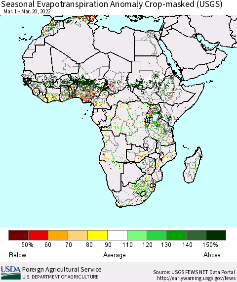 Africa Seasonal Actual Evapotranspiration Anomaly over Croplands (USGS) Thematic Map For 3/1/2022 - 3/20/2022