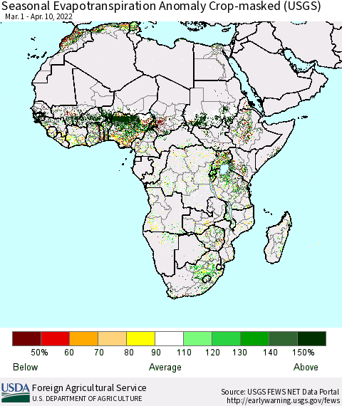 Africa Seasonal Actual Evapotranspiration Anomaly over Croplands (USGS) Thematic Map For 3/1/2022 - 4/10/2022