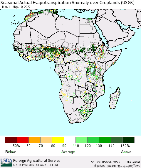 Africa Seasonal Actual Evapotranspiration Anomaly over Croplands (USGS) Thematic Map For 3/1/2022 - 5/10/2022
