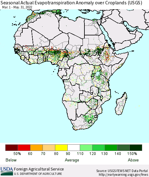 Africa Seasonal Actual Evapotranspiration Anomaly over Croplands (USGS) Thematic Map For 3/1/2022 - 5/31/2022