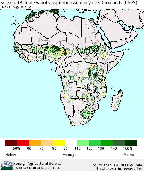 Africa Seasonal Actual Evapotranspiration Anomaly over Croplands (USGS) Thematic Map For 3/1/2022 - 8/10/2022
